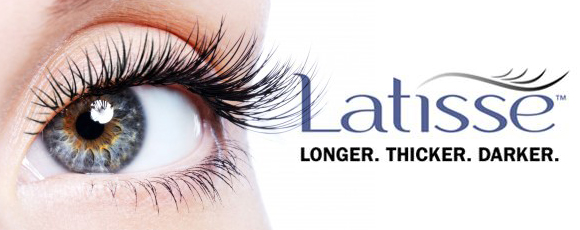 Close-up of an eye with long, thick eyelashes and the Latisse&reg; logo, emphasizing longer, thicker, and darker lashes.